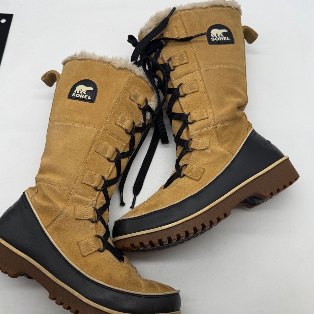 Sorel Tofino II Womens Tan Black Waterproof Suede Faux Fur Tall Snow Boots cabin